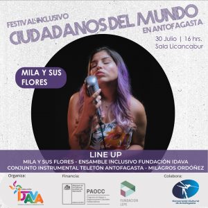 Afiche de Fundación IDAVA para Festival Ciudadanos del Mundo, con una fotografía de la artista Camila Flores