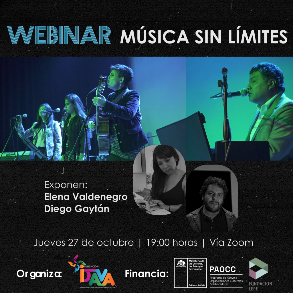 Afiche Webinar Música sin Límites, organizado por Fundación IDAVA. 27 de octubre de 2022 a las 19 horas vía Zoom.