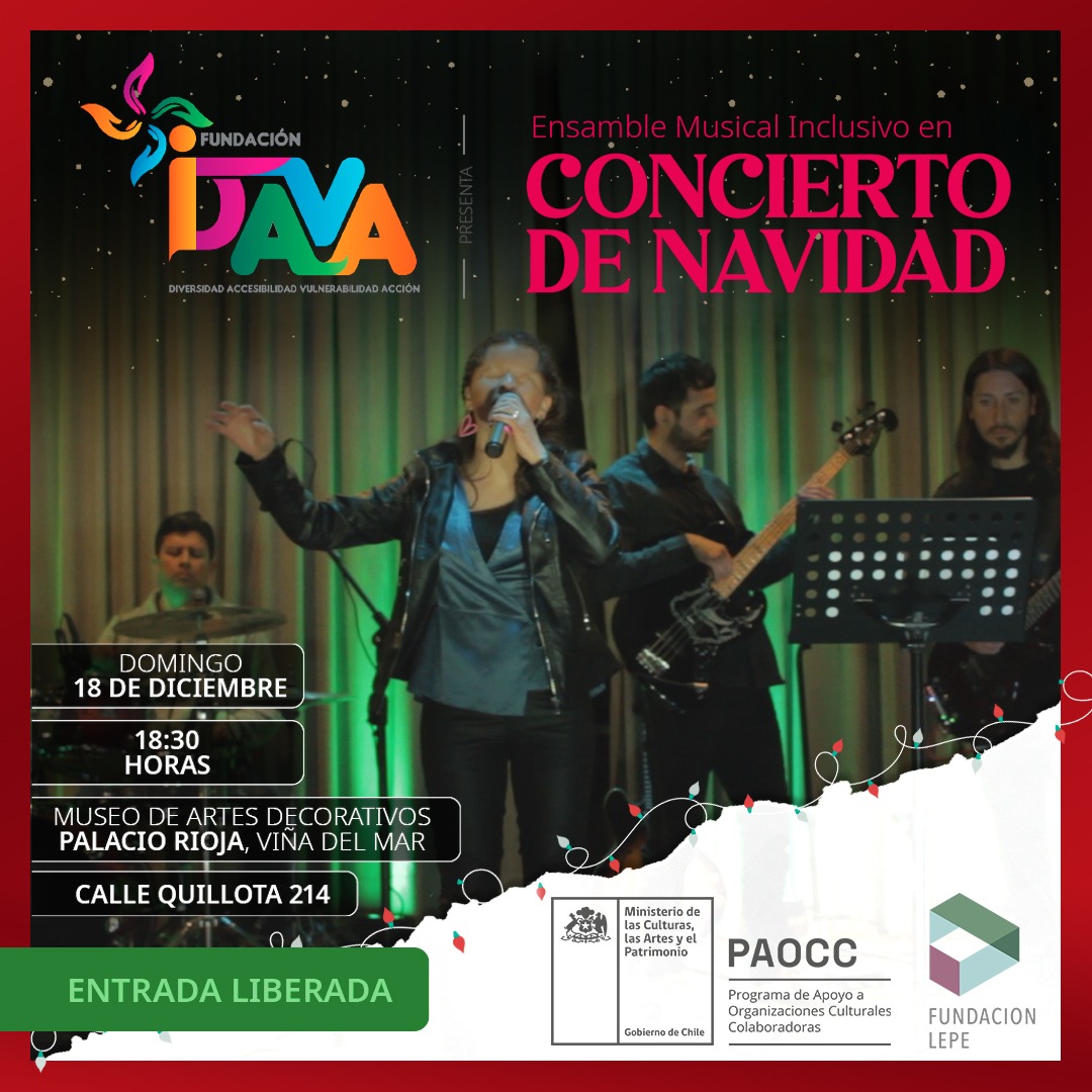 Afiche Concierto de Navidad de Fundación IDAVA. Incluye una fotografía del ensamble tocando en vivo con batería guitarra, bajo y una cantante.