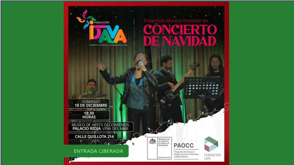 Afiche Concierto de Navidad de Fundación IDAVA. Incluye una fotografía del ensamble tocando en vivo con batería guitarra, bajo y una cantante.