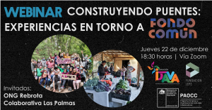 Afiche Webinar Construyeno Puentes Experiencias de Fondo Común de Fundación IDAVA junto a ONG Rebrota y Colaborativa Las Palmas versión 2
