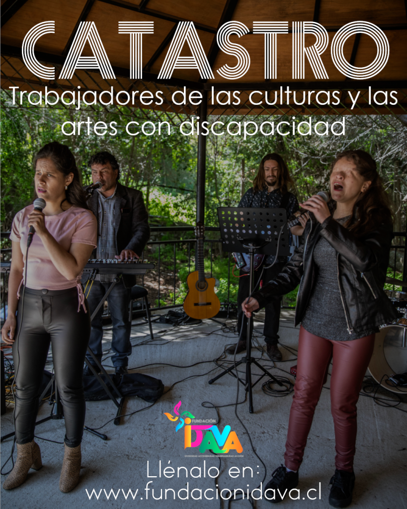 Afiche del Catastro de trabajadores de las culturas y las artes que son personas con discapacidad. Muestra a cuatro músicos tocando en vivo, tres de ellos son personas ciegas.