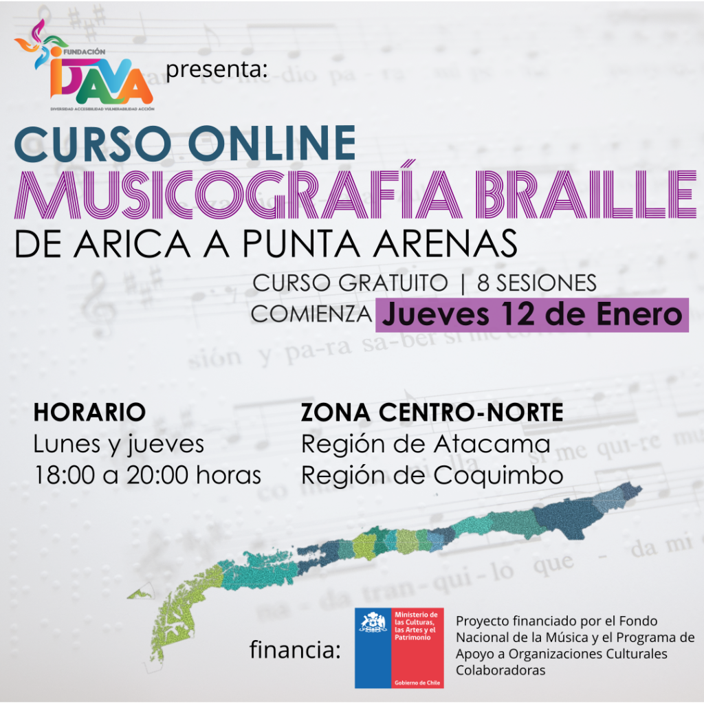 Afiche Curso Online de Musicografía Braille de Fundación IDAVA. Mes de Enero, 2023. 8 sesiones de clases, los días lunes y jueves, de 18 a 20 horas. Inscripción gratuita.